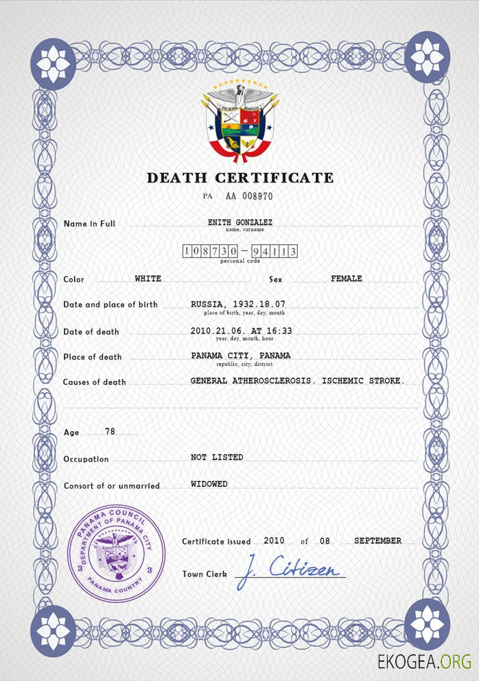 Modèle PSD de certificat de décès d'état civil du Panama